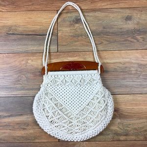 Vtg White Crochet Woven Rope Round Purse